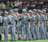 　試合に勝利し、ナインを迎える藤川監督（中央）＝撮影・北村雅宏