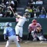 　６回、ソロを放つ佐藤輝（撮影・山口登）