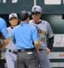 ７回、熊谷の判定を巡ったリプレー検証後に抗議する藤川監督（右）＝１０日