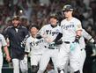 　１０回、本塁へ走る森下を迎える才木ら（撮影・田中太一）