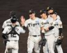　巨人に勝利しタッチする佐藤輝（中央）、大山（同右）ら阪神ナイン（撮影・山口登）