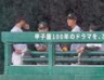 雨が降り続き様子をうかがう岡城（中央右）ら（撮影・立川洋一郎）