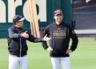 平田ヘッドコーチと話をする藤川監督＝２８日